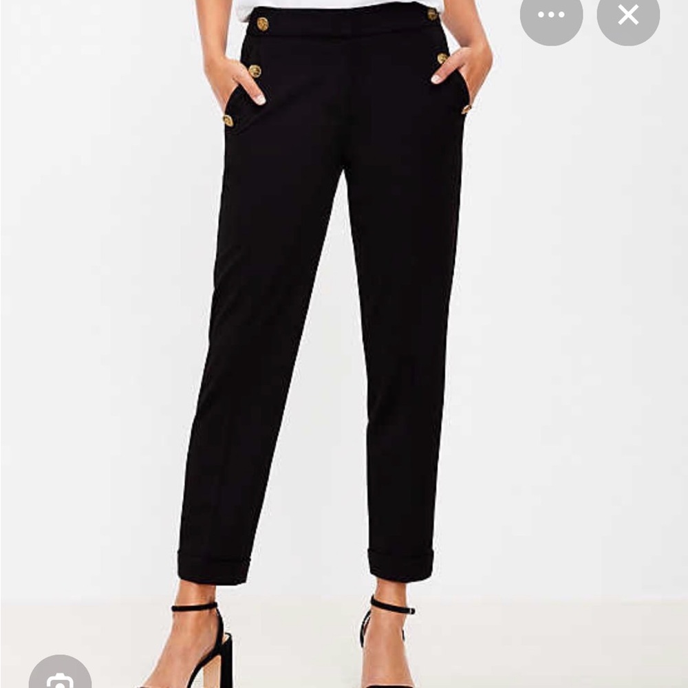 LOFT Black Cropped Tailored Pants with Gold Button Detail